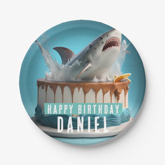 Shark themed Birthday Cake Paper Plates (Front)