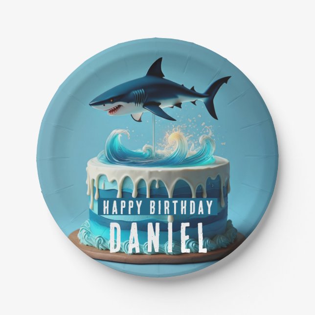 Shark themed Birthday Cake Paper Plates (Front)