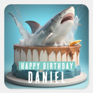 Shark themed Birthday Cake Square Sticker