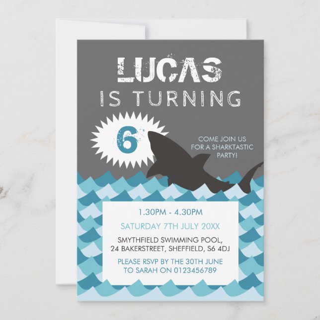 Shark themed birthday party invitation (Front)