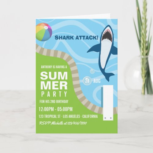 Shark themed Summer Pool Birthday Party Invitation