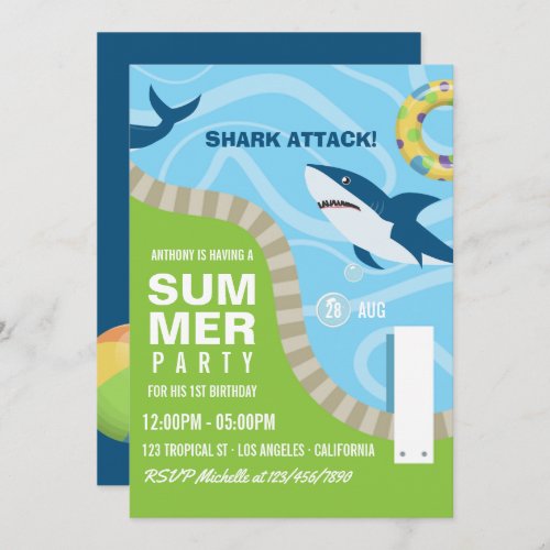 Shark themed Summer Pool Birthday Party Invitation