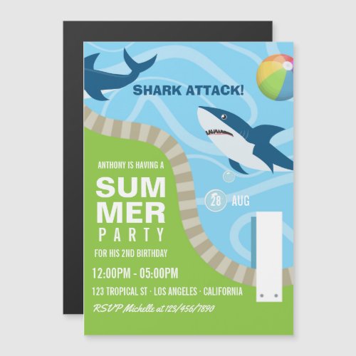 Shark themed Summer Pool Birthday Party Magnetic Invitation
