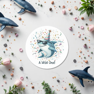 Shark Themed "Wild One" Birthday Party Classic Round Sticker