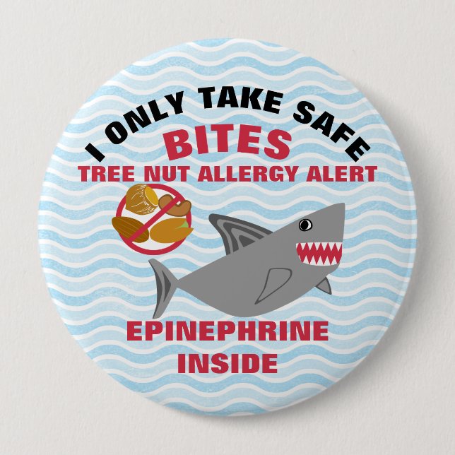 Shark Tree nut Allergy Alert Personalized Boys Pinback Button (Front)