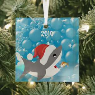 Shark Tropical Snowbird Vacation Dated Keepsake Glass Ornament