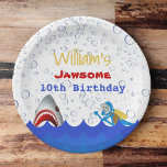 Shark under the sea 10th birthday party paper plates<br><div class="desc">A shark and under the sea water themed 10th birthday party.
White background,  bubbles,  blue waves,  a scuba diver,  and a shark. Templates for the name of the child and age 10 ten,  blue,  red and yellow colored letters.</div>