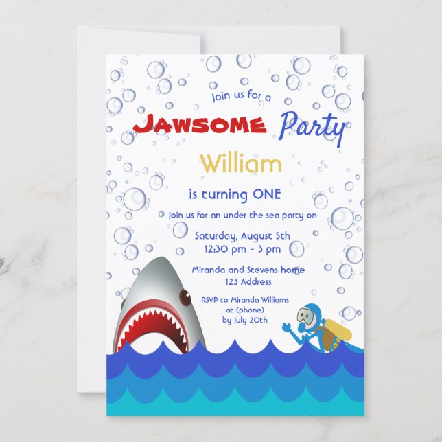 Shark under the sea 1st birthday party boy invitation (Front)
