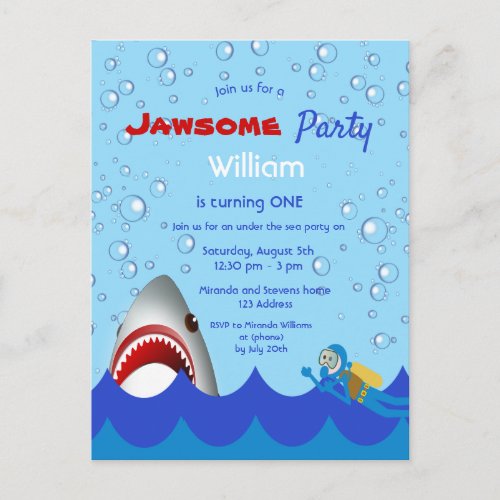 Shark under the sea 1st birthday party invitation postcard