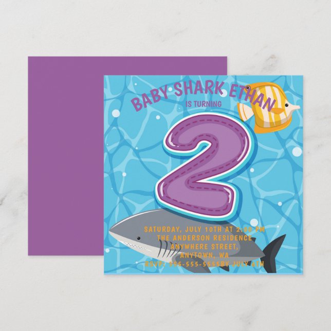  Shark Under The Sea 2nd Birthday Party Invitation (Front/Back)