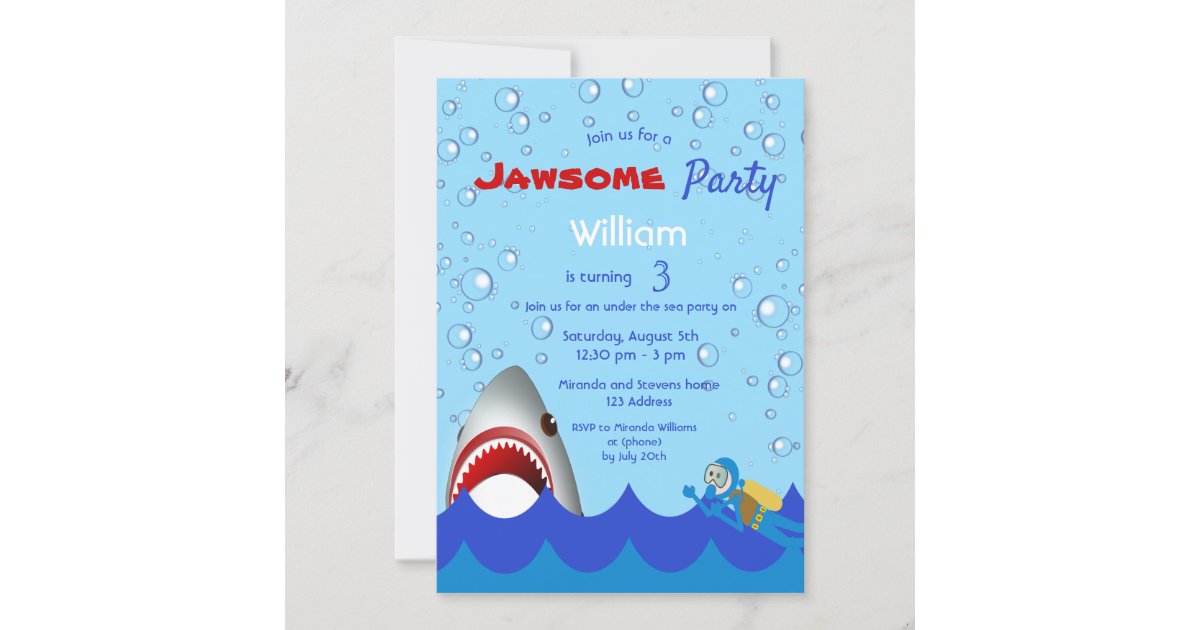 Shark under the sea 3rd birthday party boy invitation