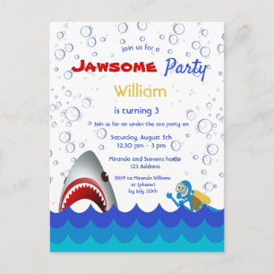 Shark under the sea 3rd birthday party invitation postcard