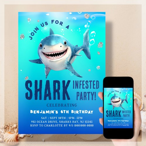 Shark Under The Sea Birthday  Invitation