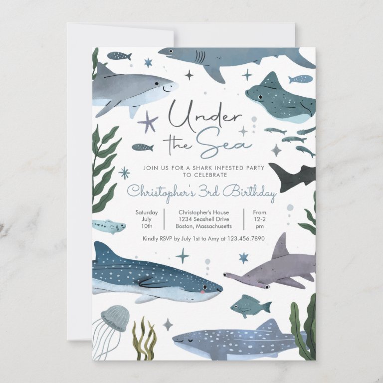 Shark Under the Sea Birthday Party  Invitation