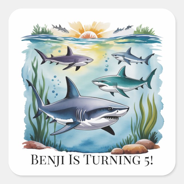 Shark Under The Sea Boy Birthday Square Sticker (Front)