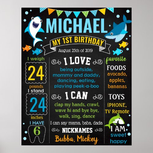 Shark Under the sea First Birthday chalkboard Poster