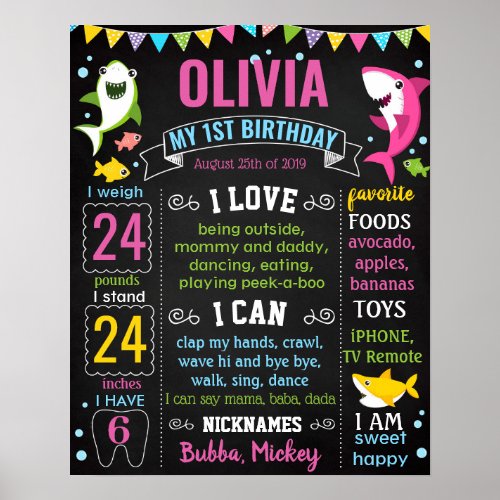 Shark Under the sea First Birthday chalkboard Poster