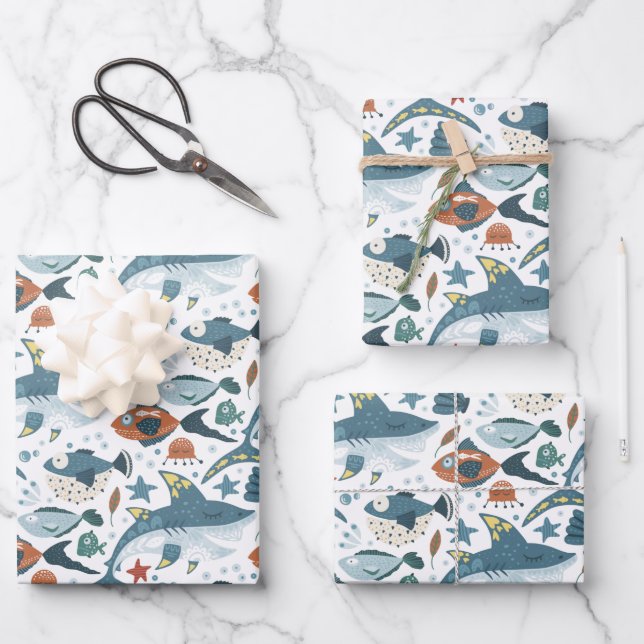 Shark Under The Sea Fish White Kids Birthday Wrapping Paper Sheets (Front)