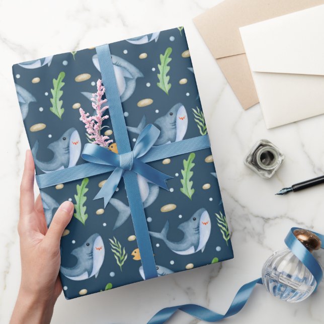Shark Under the Sea Navy Blue Gift Wrapping Paper (Gifting)