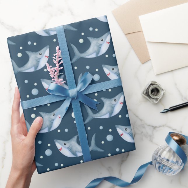 Shark Under the Sea Navy Blue Wrapping Paper (Gifting)