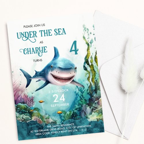 Shark Under the Sea Ocean Themed Kids Birthday Invitation