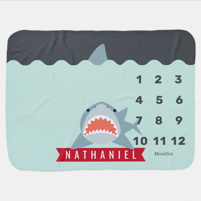 Shark Under Water Blue Boy Monthly Milestone Baby Blanket (Horizontal)