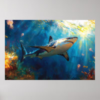 Shark Underwater Surrounded by Jellyfish
