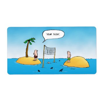 Shark Volleyball Funny Cartoon Label by BastardCard at Zazzle