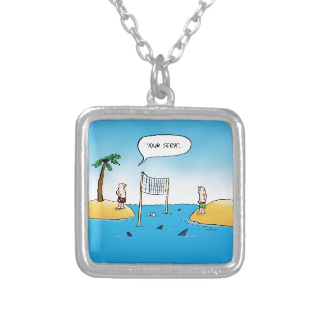 Shark Volleyball Funny Cartoon Silver Plated Necklace (Front)