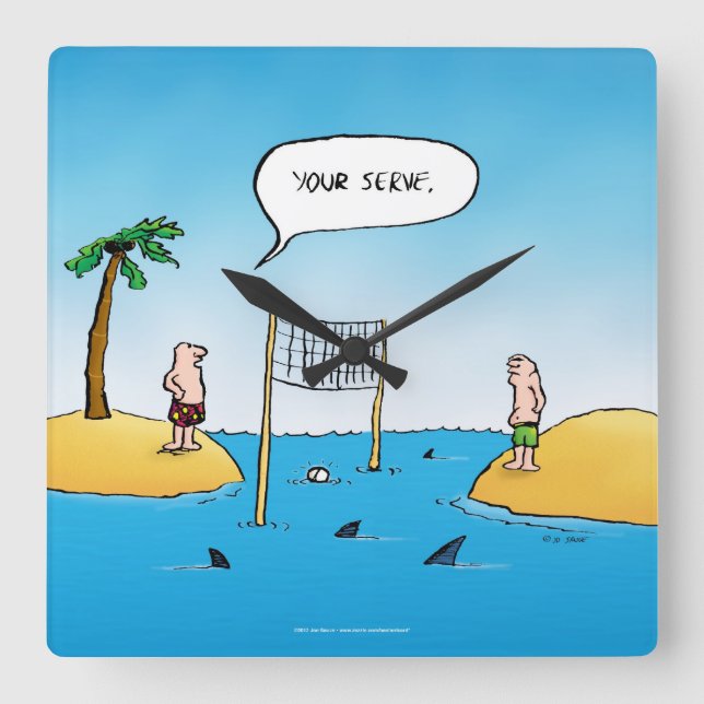 Shark Volleyball Funny Cartoon Square Wall Clock (Front)