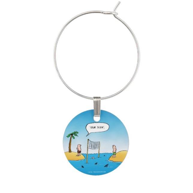Shark Volleyball Funny Cartoon Wine Glass Charm (Front)