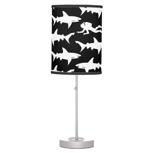 Shark Warning Scuba Diver and School of Sharks Table Lamp