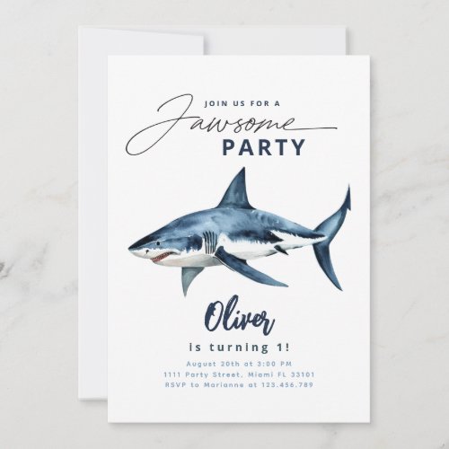 Shark Watercolor Blue Minimalist Jawsome Party Invitation