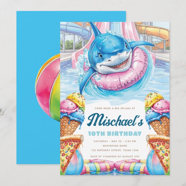 Shark Waterpark Fun Boys Pool Party Birthday Invitation (Front/Back)