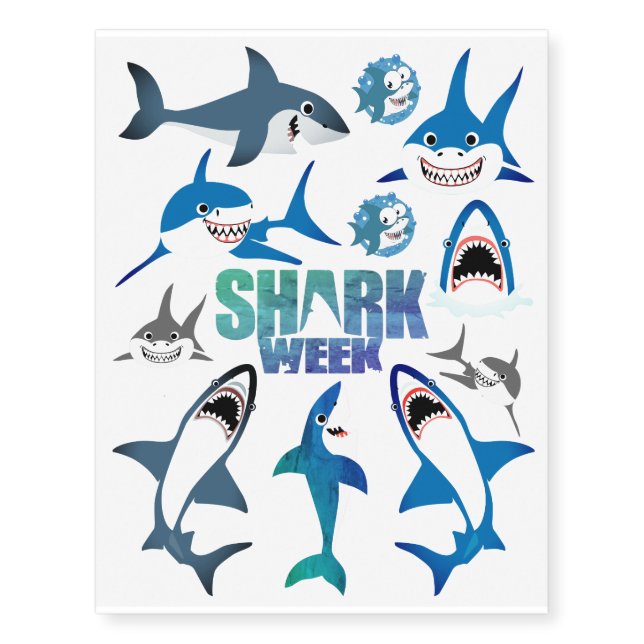 Shark Week Fun Kids Cartoon Characters Temporary Tattoos (Front)