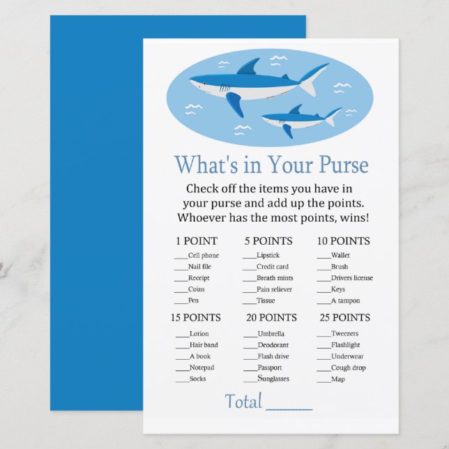 Shark What's in your purse game baby shower (Front/Back)