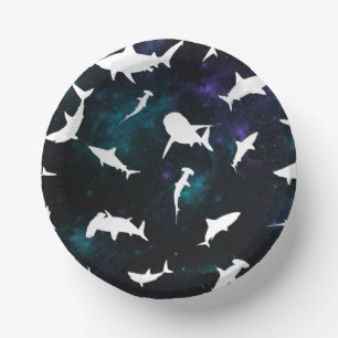 Shark white shadow on Dark galaxy Space Paper Bowls