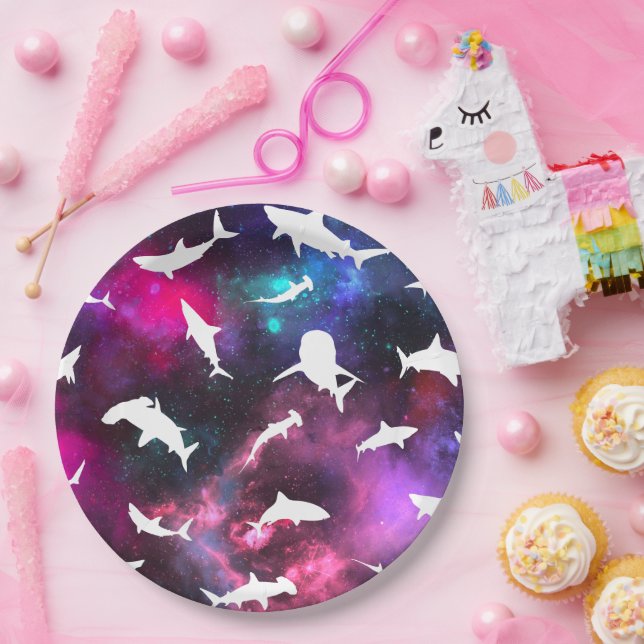 Shark white shadow on Dark galaxy Space Paper Plates (Party)
