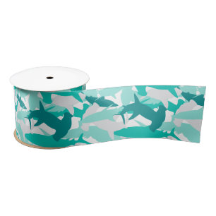 Shark White & Teal Camouflage Pattern Satin Ribbon