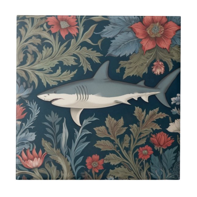 Shark William Morris style Left facing Sea Ocean Ceramic Tile (Front)