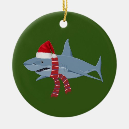 Shark With Hat Scaft Christmas Ceramic Ornament