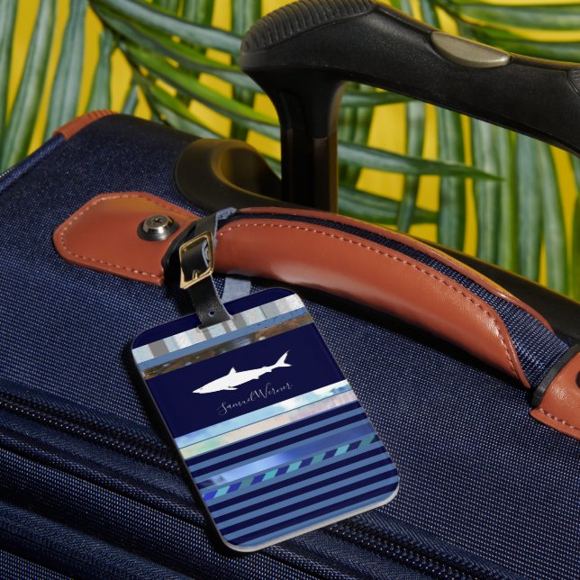 shark with name on striped blue luggage tag (Front Insitu 1)