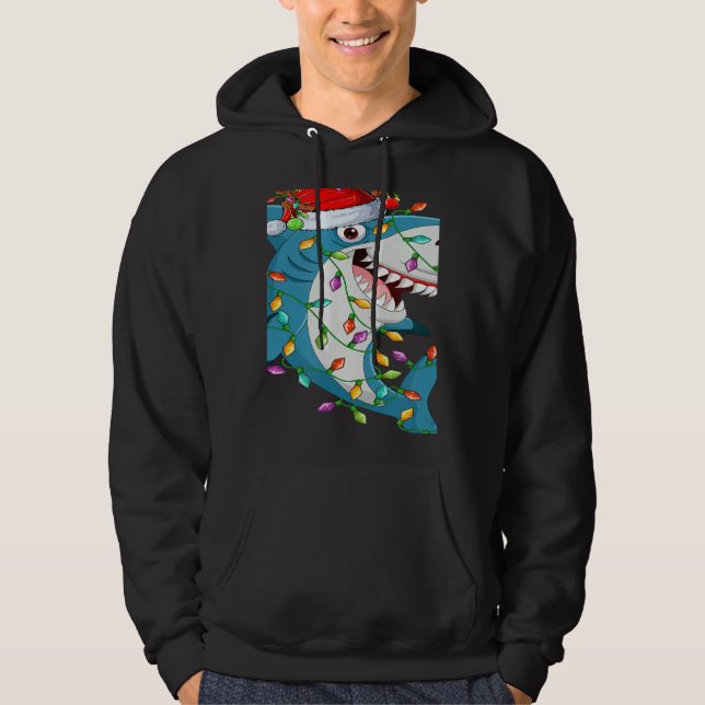 Shark Xmas Lights Reindeer Santa Shark Christmas Hoodie (Front)