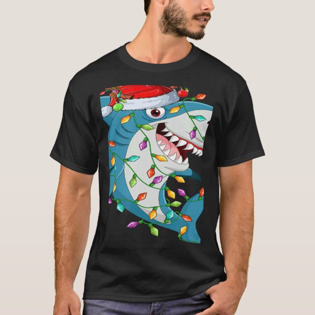 Shark Xmas Lights Reindeer Santa Shark Christmas T-Shirt (Front)