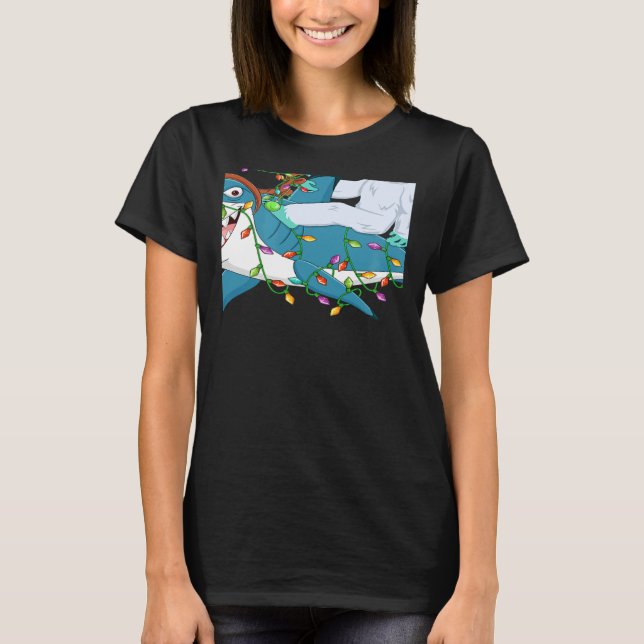 Shark  Xmas Lights Santa Yeti Ride Shark Christmas T-Shirt (Front)