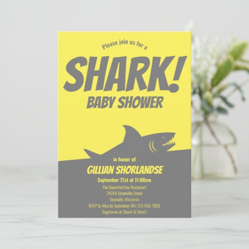 Shark Yellow Gray Baby Shower Invitation