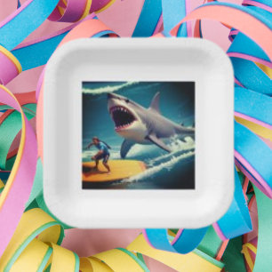  Shark & Yellow Surf Board, Trendy Birthday  Paper Plates