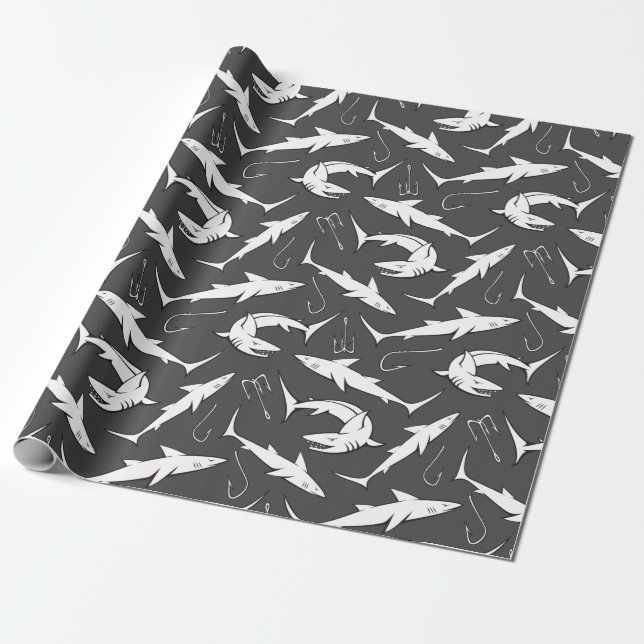 Sharks and Hooks Pattern Wrapping Paper (Unrolled)
