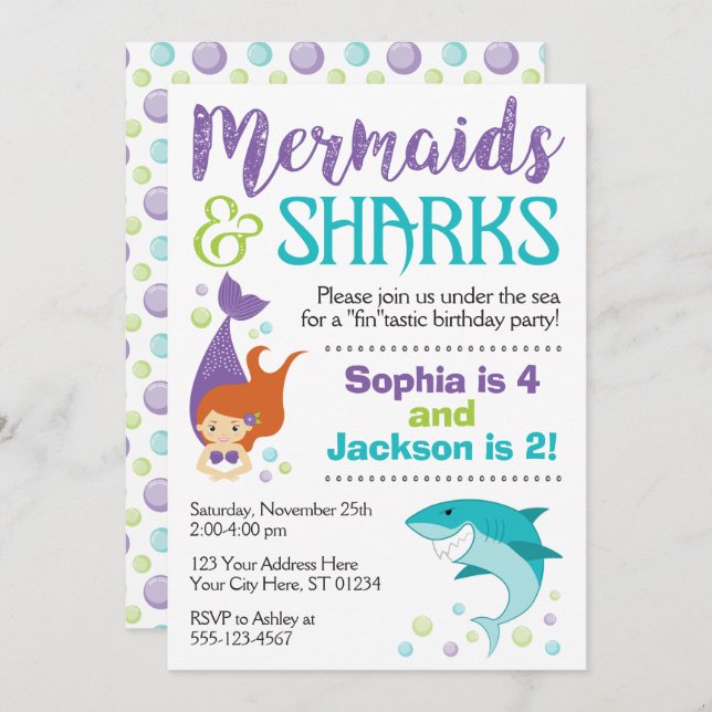 Sharks and Mermaids Birthday Invitation (Front/Back)