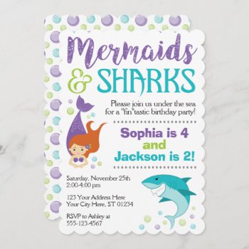 Sharks And Mermaids Birthday Invitation by PuggyPrints at Zazzle